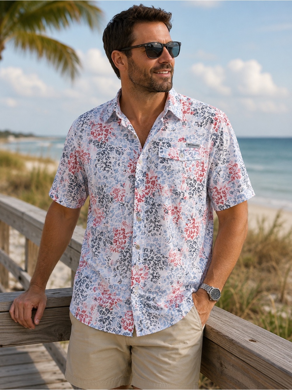 Lightweight White Floral Short-Sleeve Button-Down Shirt - Red & Blue Print